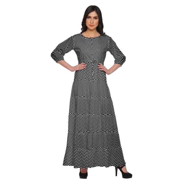 Moomaya Robe Longue Maxi Imprimée à Col Rond, Manches 3/4, avec Taille à Cordon