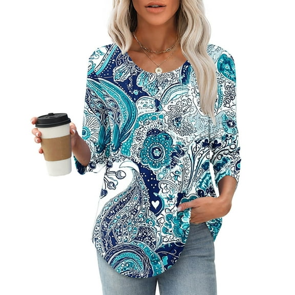 SOOMLON Womens 3/4 Sleeve Summer Tops Petite Tunic Cotton Pleated Tops Casual Crewneck Shirts Funny Floral Graphic T Shirts 2025 Fashion Spring Summer Ladies Tops Loose Fit Basic Outfits Pullover S