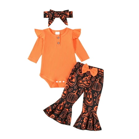 

WERYOUNG Infant And Toddler Girls Autumn And Winter Flying Sleeve Solid Color Rompers Tops And Cartoon Printed Trousers With Headband 3Pieces Children s Clothing Classic Relaxed Baby Outfits Set