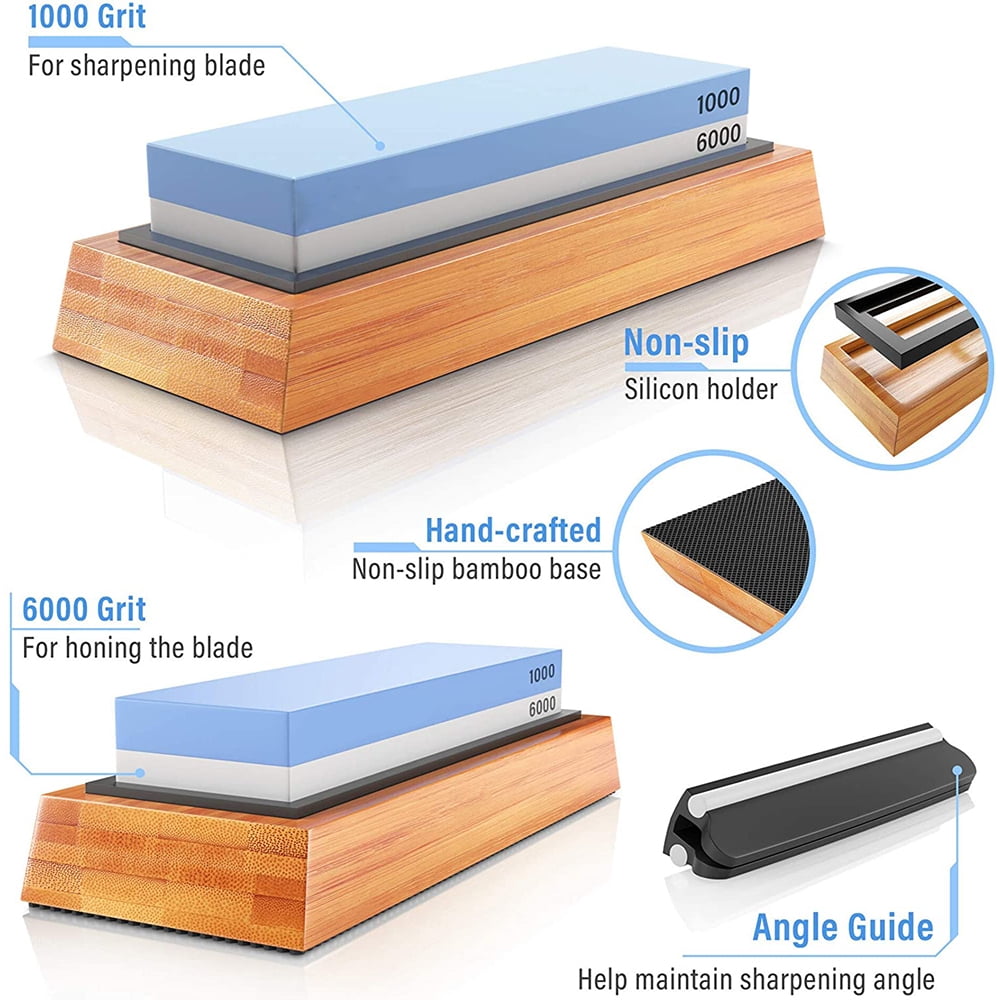 Whetstone Knife Sharpening Stone 2 Side Grit 1000/6000 Whetstone Sharpener NonSlip Bamboo Base and Angle Guide