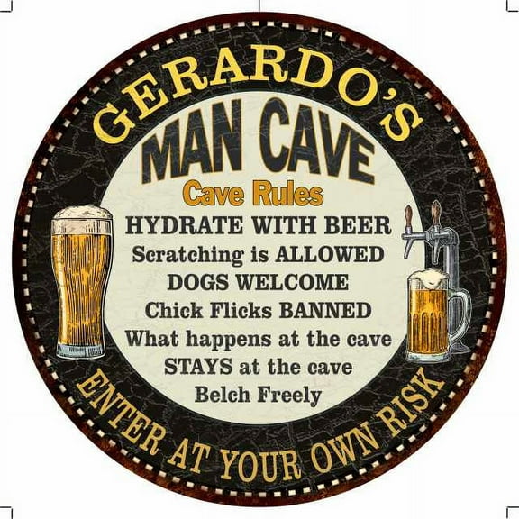 GERARDO'S Man Cave Rules 14" Round Metal Sign Garage Wall Decor 100140010405