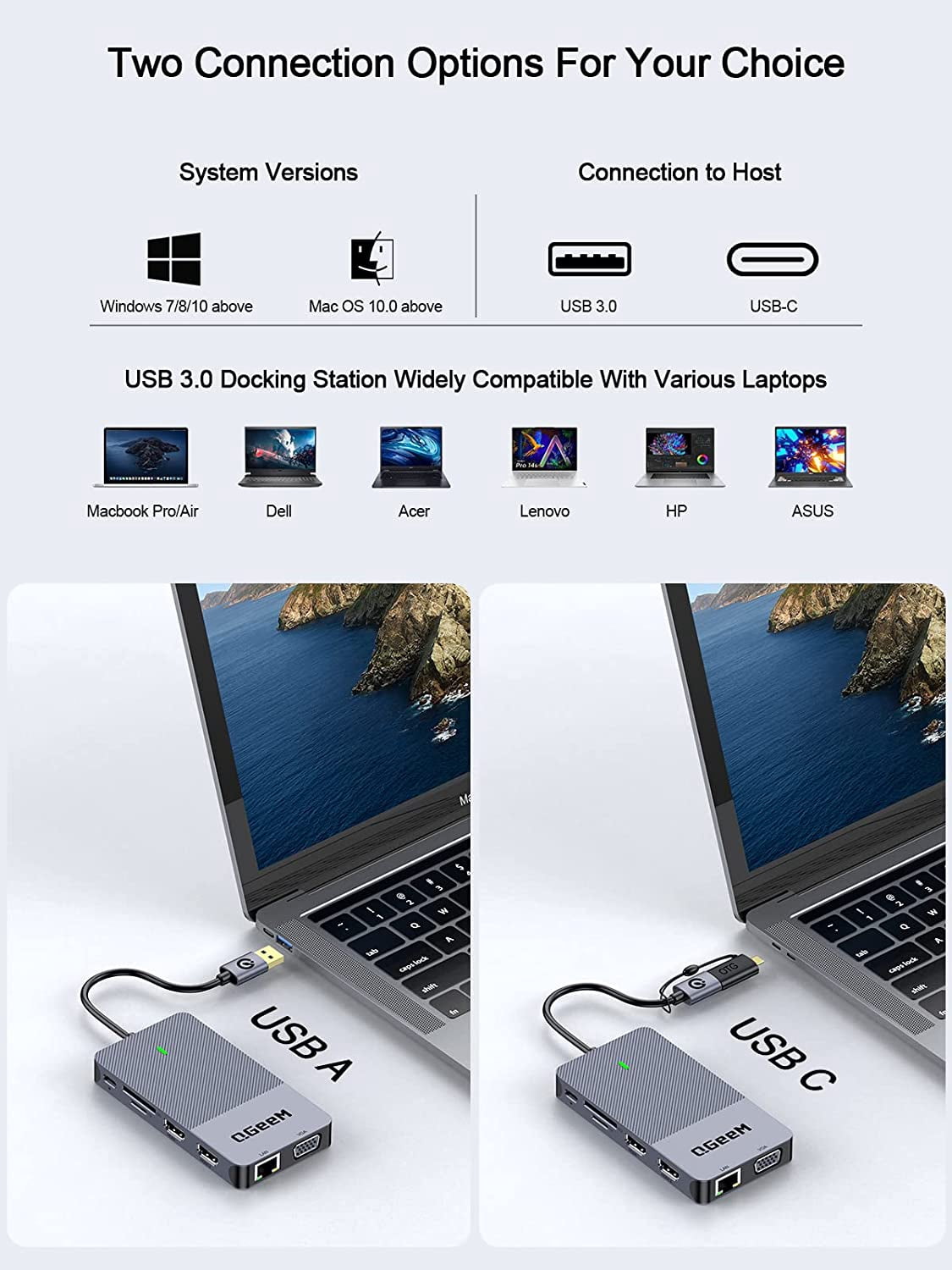 QGeeM USB 3.0 Docking Station, Triple Display USB C Hub Dual HDMI VGA Adapter, Portable USB A Dock Compatible with All USB-C and USB 3.0 Laptop