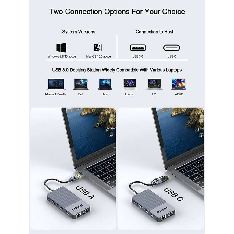 QGeeM USB 3.0 Docking Station, Triple Display USB C Hub Dual HDMI VGA  Adapter, Portable USB A Dock Compatible with All USB-C and USB 3.0 Laptop