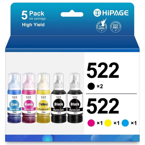 HIPAGE Ink Bottle Compatible for Epson 522 Ink Bottles for Epson 522 Ink Refill Bottles for Epson EcoTank ET-2720 ET-2800 ET-2840 ET-4700 ET-4800 ET-4810 Printer (2 Black Cyan Magenta Yellow, 5 Pack)