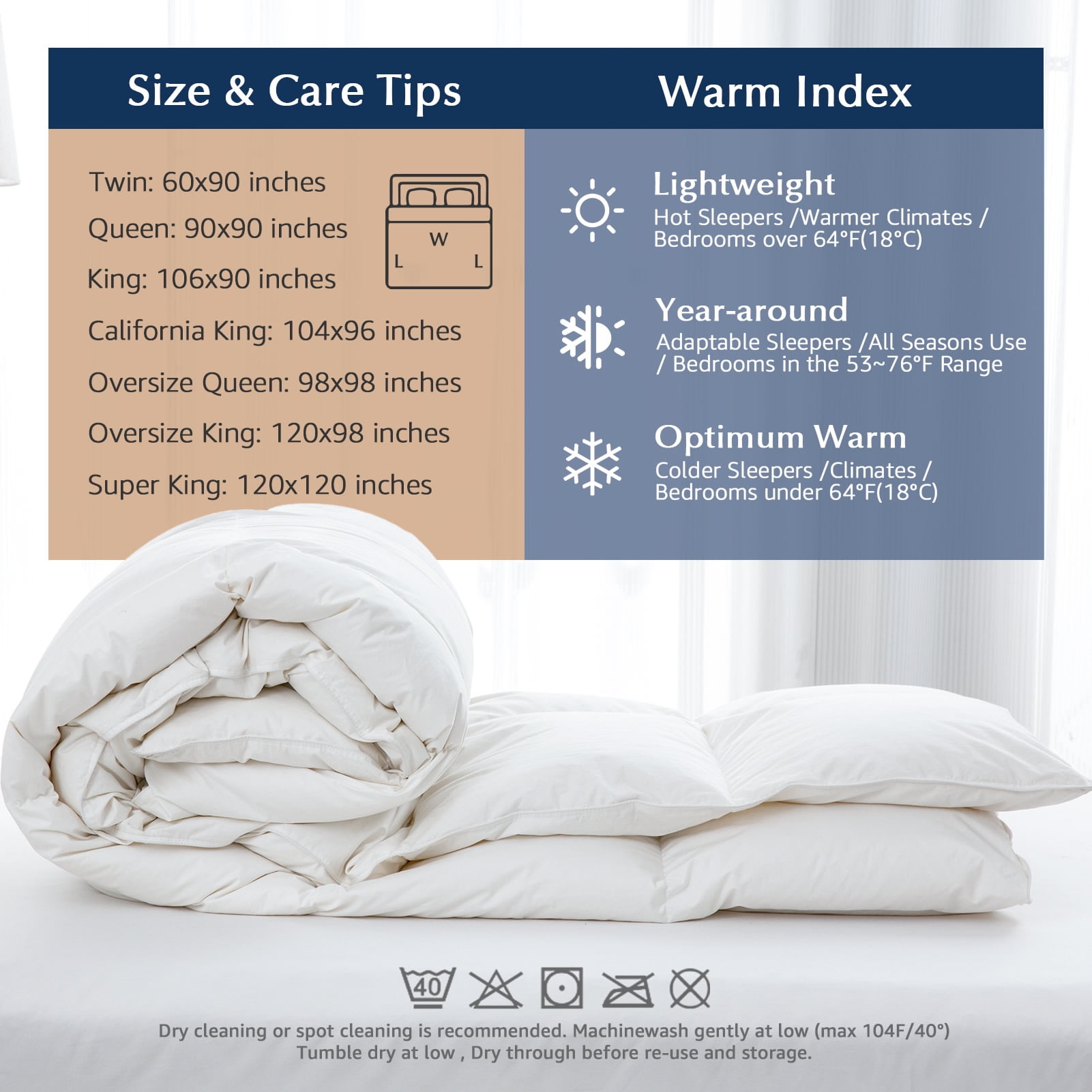 Dafinner Luxury 750 Fill-Power Feather Down Comforter with Egyptian Cotton Blend Cover, Medium Weight for All Seasons Duvet Insert, Twin Size(68x90 Inch, White)