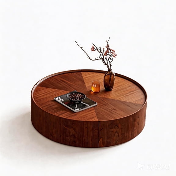 35.4 Inch Round Walnut Coffee Table, Modern Low Profile Wood Veneer Center Table with Raised Rim and Iron Ring Base for Living Room, Bedroom, Office