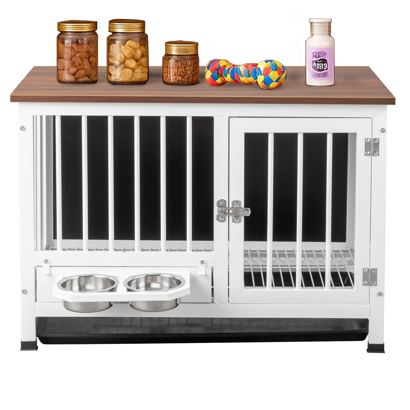 Ktaxon 31in Dog Crate Furniture, Rustic Brown & White Pet End Table with Rotating Feeder