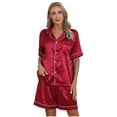 thumbnail image 3 of TiaoBug Women Mens Pajamas Set Satin Lapel Short Sleeve Shirts with Shorts 2-Piece Nightwear Burgundy XXL, 3 of 7