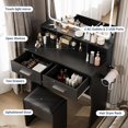 thumbnail image 3 of Vanity Desk with LED Lighted Mirror & Power Outlet, Makeup Vanities Table with 2 Drawers,Open Shelves, 3 Color Modes,Storage Bench,Dressing Table for Bedroom Black, 3 of 7