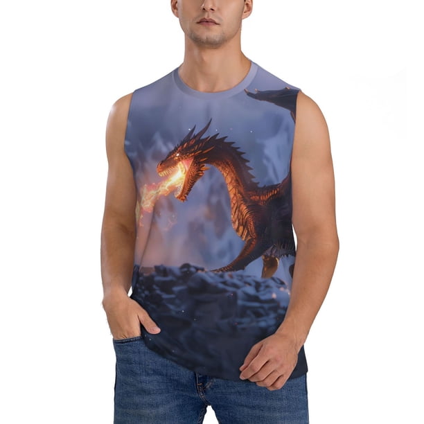 Fotbe Winter Fire Dragon Men's Camiseta sin Mangas Estampada para Hombres, Playera Casual para Gimnasio, Entrenamiento, Playa-3X-Large