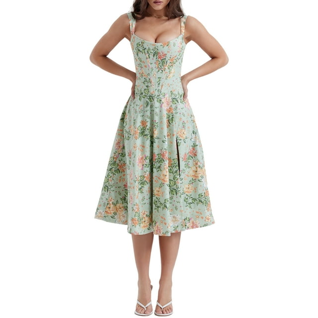 Gupgi Midi Floral Dress for Women Sleeveless Split Flowy Boho Dresses with Pockets