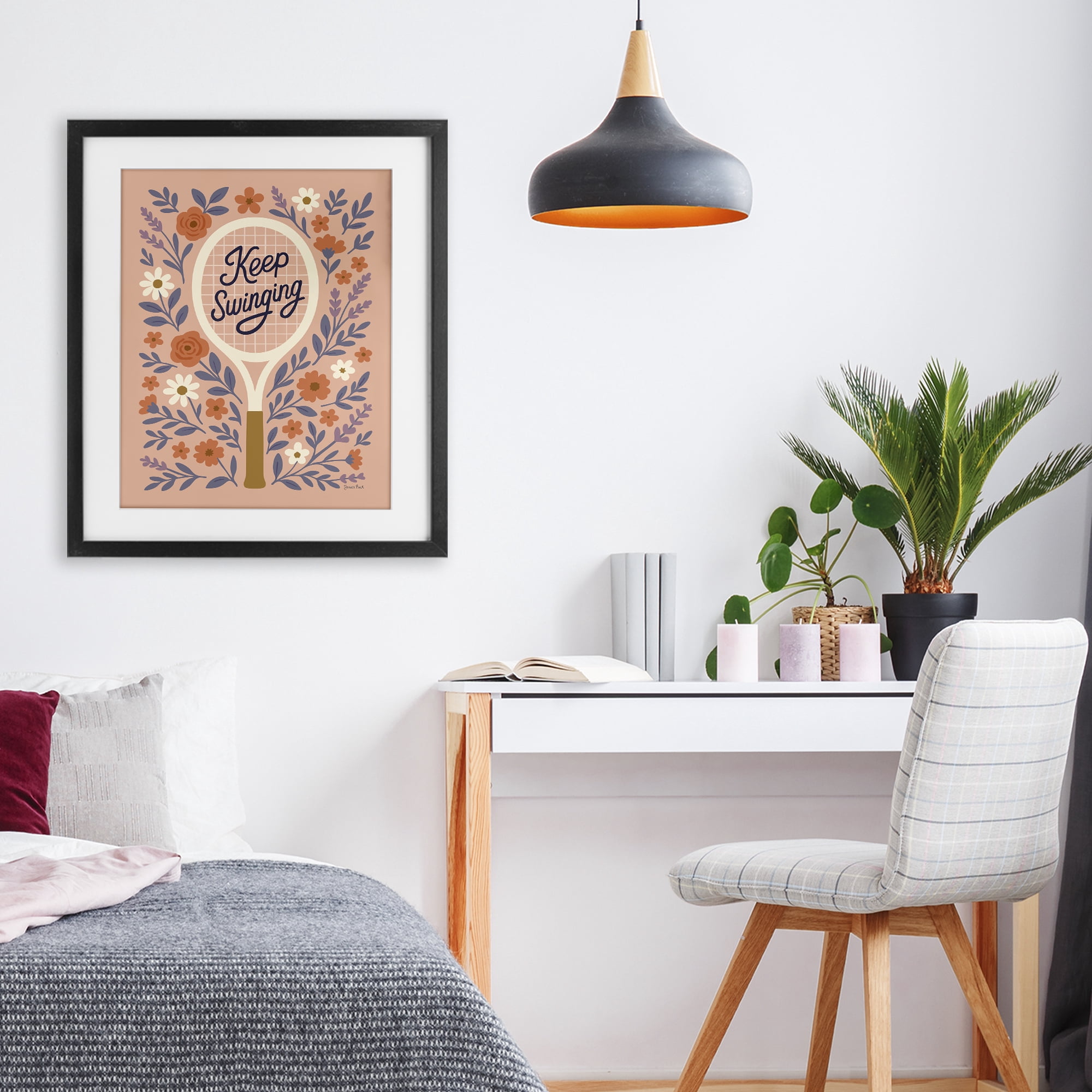 Stupell Industries Keep Swinging Floral Tennis Black Framed Print Under Glass, design by Jessica Beck