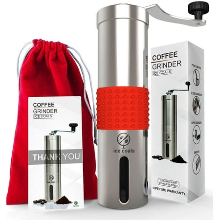 manual coffee grinder with ceramic burr by ice coals, best coffee bean grinder, stainless steel - aeropress compatible - original.complimentary travel pouch and vip club membership (Best Home Espresso Grinder 2019)