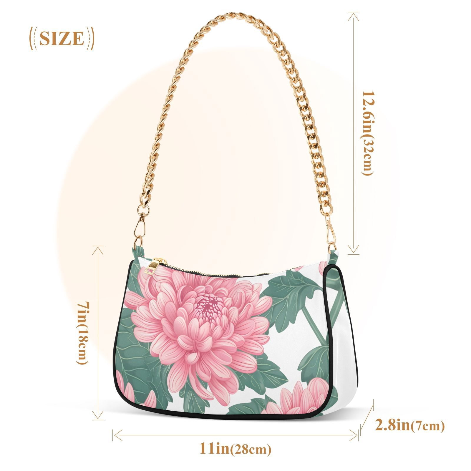 Pink Flower with Green LeavesWomen Small Shoulder Bag Crossbody Tote Hobo Bags Purse Clutch Handbags with Chain Strap for Women