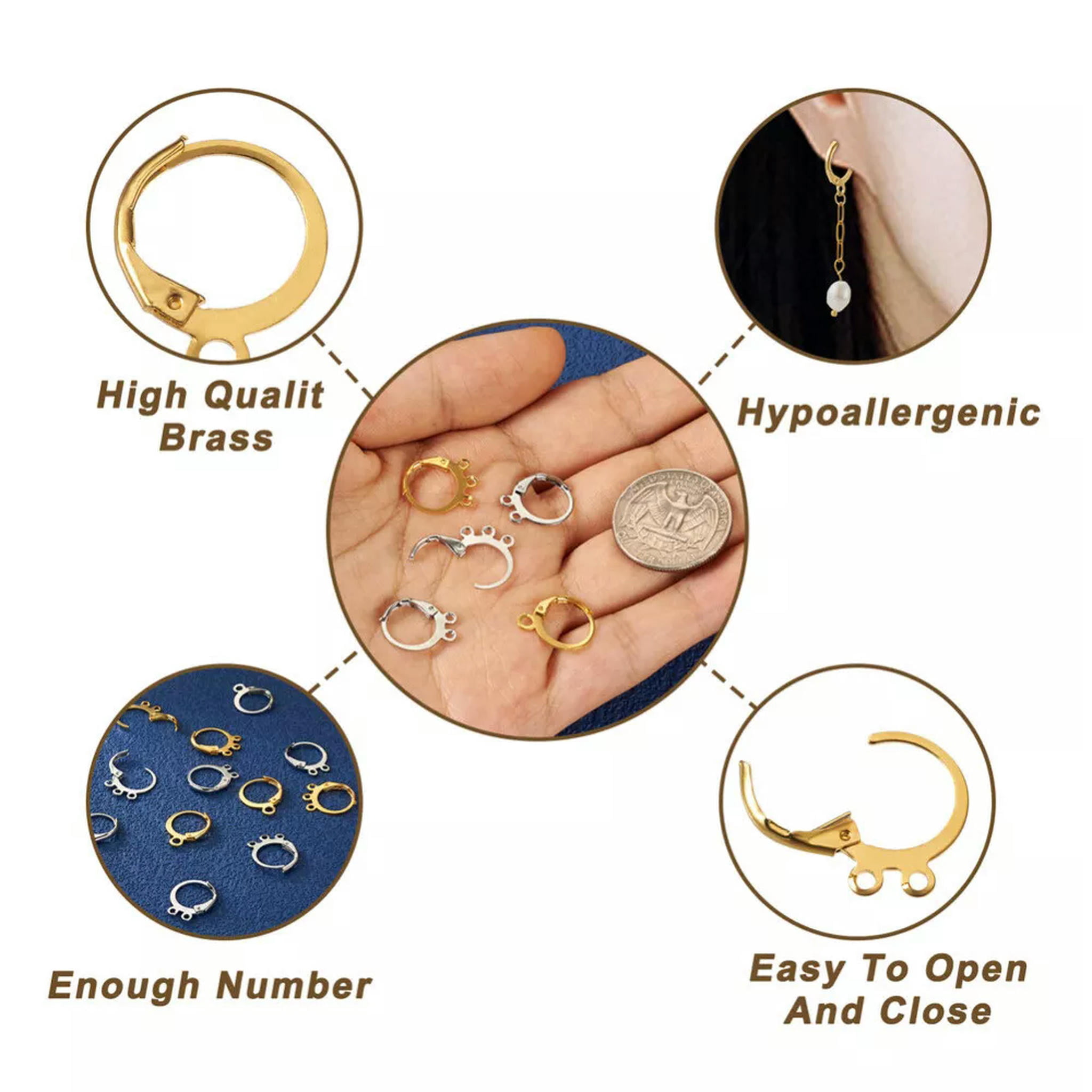 U8MO 180pcs Platinum Golden Brass Huggie Hoop Earring Findings Earring Hooks 15~16mm