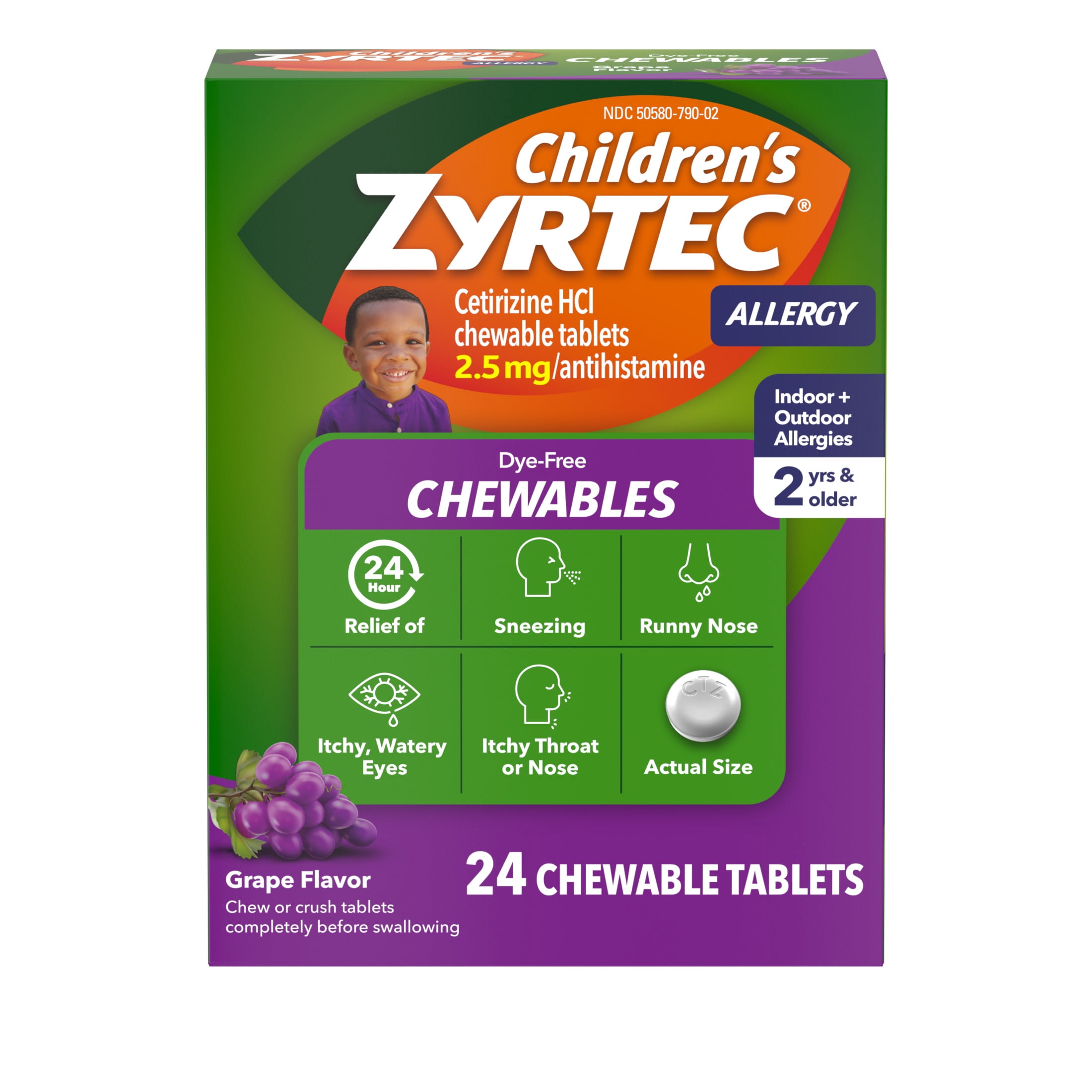 (2 pack) Children's Zyrtec 24 Hr 2.5 mg Allergy Chews for Ages 2+, Grape, 24 Count