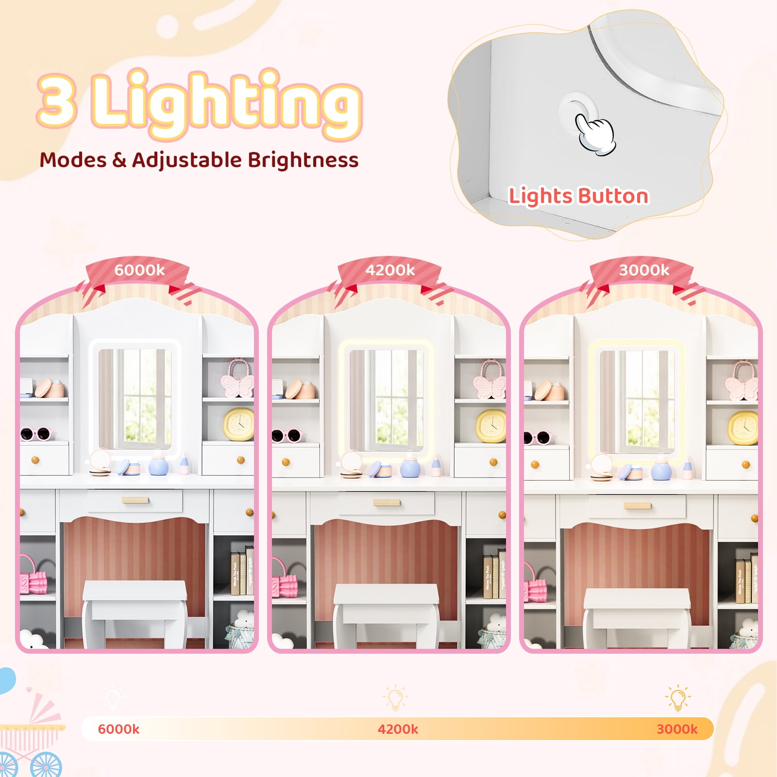 Pirecart 2 in 1 Kids Vanity Set, Pretend Play Makeup Desk with Mirror＆ Drawer, 3 Color Lights, Large Storage, Detachable shelf, White