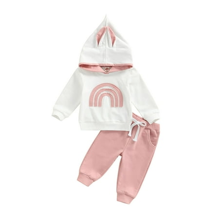 

Genuiskids 2Pcs Infant Baby Fall Outfits Rainbow Patterns Long Sleeve Hooded Tops Tie-Up Long Pants for Newborn Girls Boys 0-3T