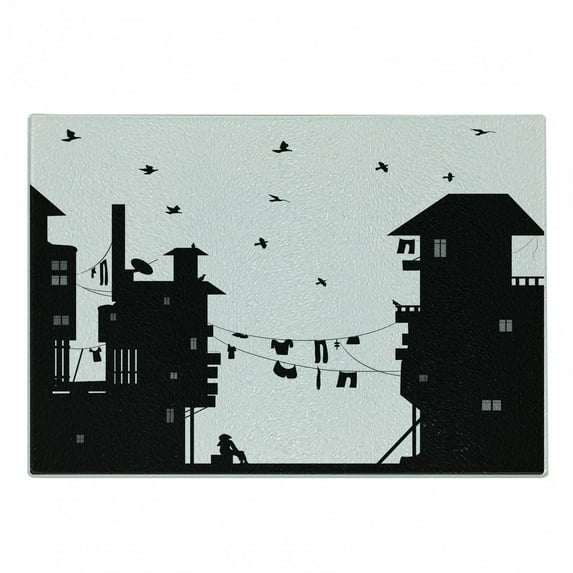 Monochrome Cutting Board, Dreamer Young Girl Watching Birds in a Ghetto Alley among Houses, Decorative Tempered Glass Cutting and Serving Board, in 3 Sizes, by Ambesonne
