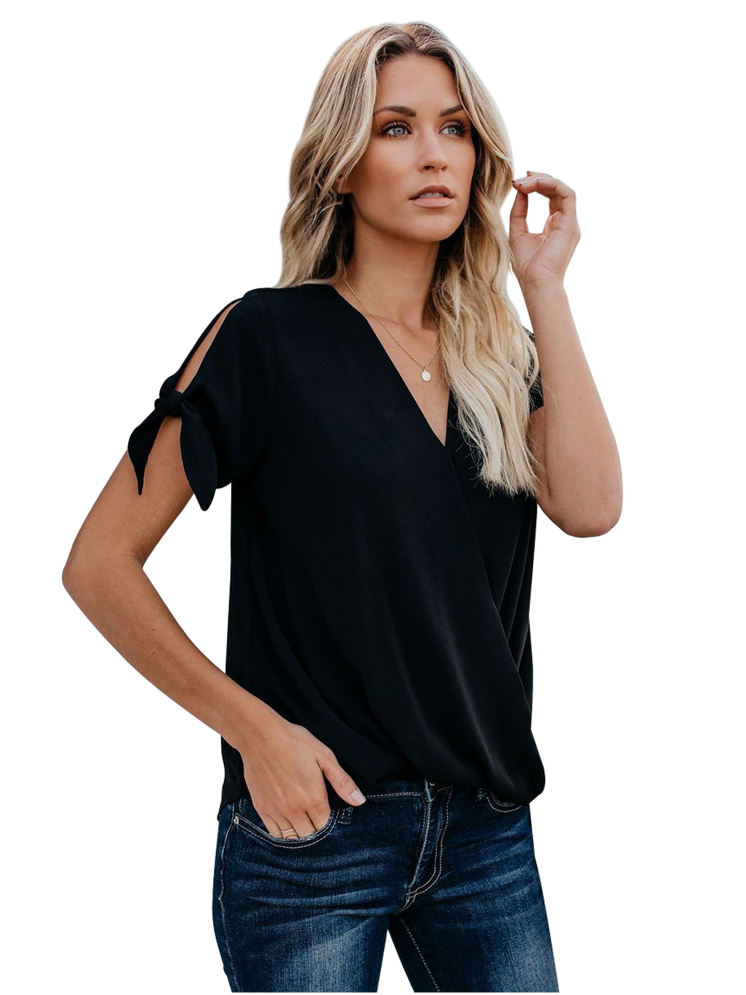 Csndyce - Women's Loose Fit Blouses Short Sleeve V Neck Pull Up Shirts ...