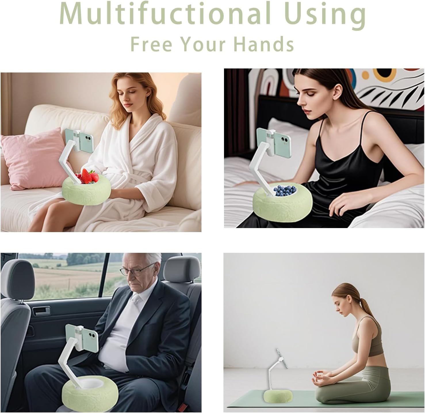 JUMRHFAN Pillow Stand Holder for Reading in Bed, Compatible with 2.3"-3.5" Phone/iPhone, Google, Samsung, Kindle, Portable Adjustable Phone Holder for Bed with Soft Plush Fabric and Snack Bowl, Green