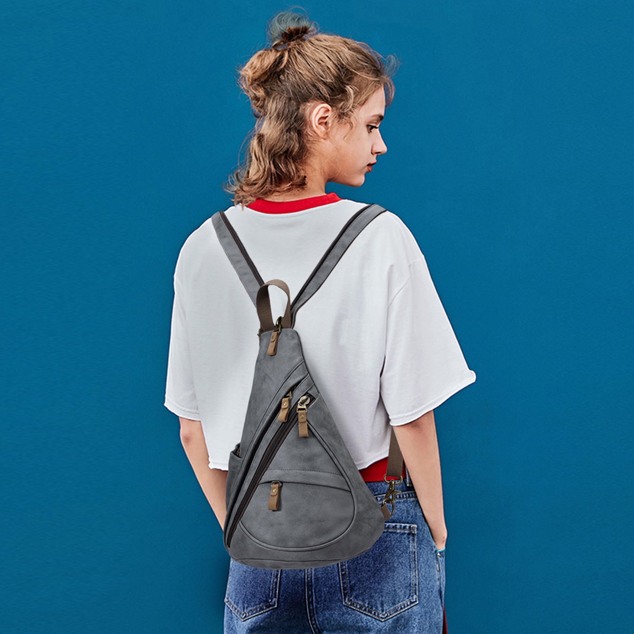 KL928 PU Leather Sling Bag Small Crossbody Backpack Shoulder Casual Daypack Rucksack for Men Women (D.Grey)