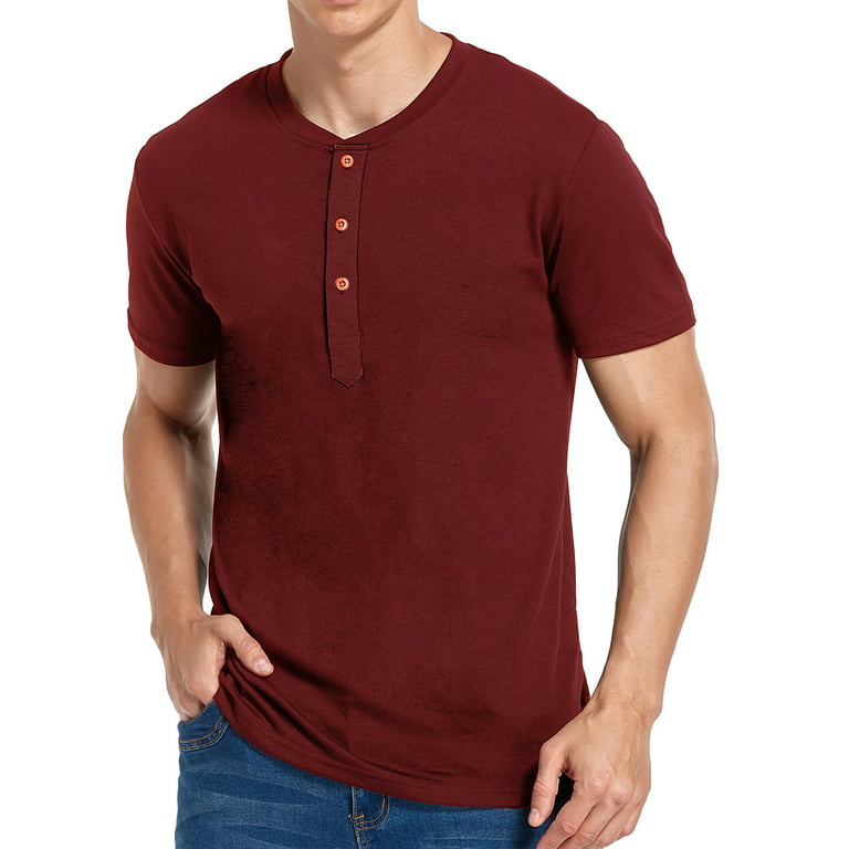 Zodggu Summer Men's T Shirts Classic Staple Shirts for Men Summer Cozy  Clothes Beefy Muscle Basic Tops Solid Color Shirt Short Sleeve Tee Tops  Button O-Neck Pullover Wine 
