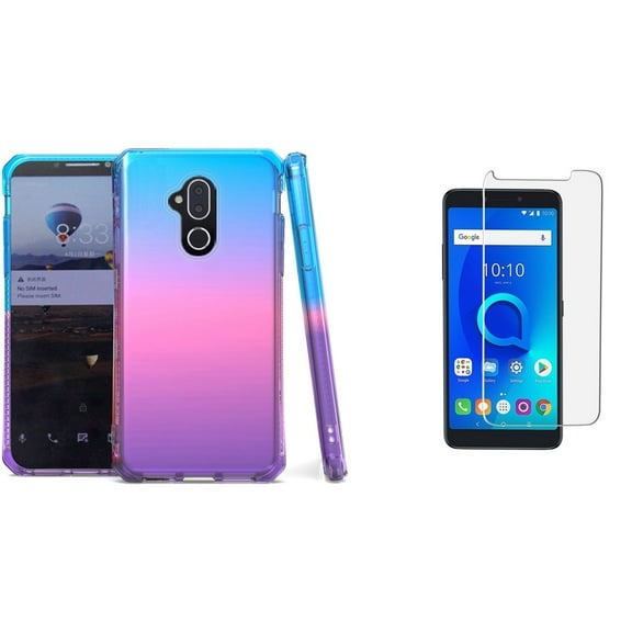 Shockproof TPU Slim Fit Protective Phone Cover Case (Blue/Pink/Purple) with Bubble Free Easy Install Tempered Glass Screen Protector, Atom Cloth for Alcatel 7 (MetroPCS)