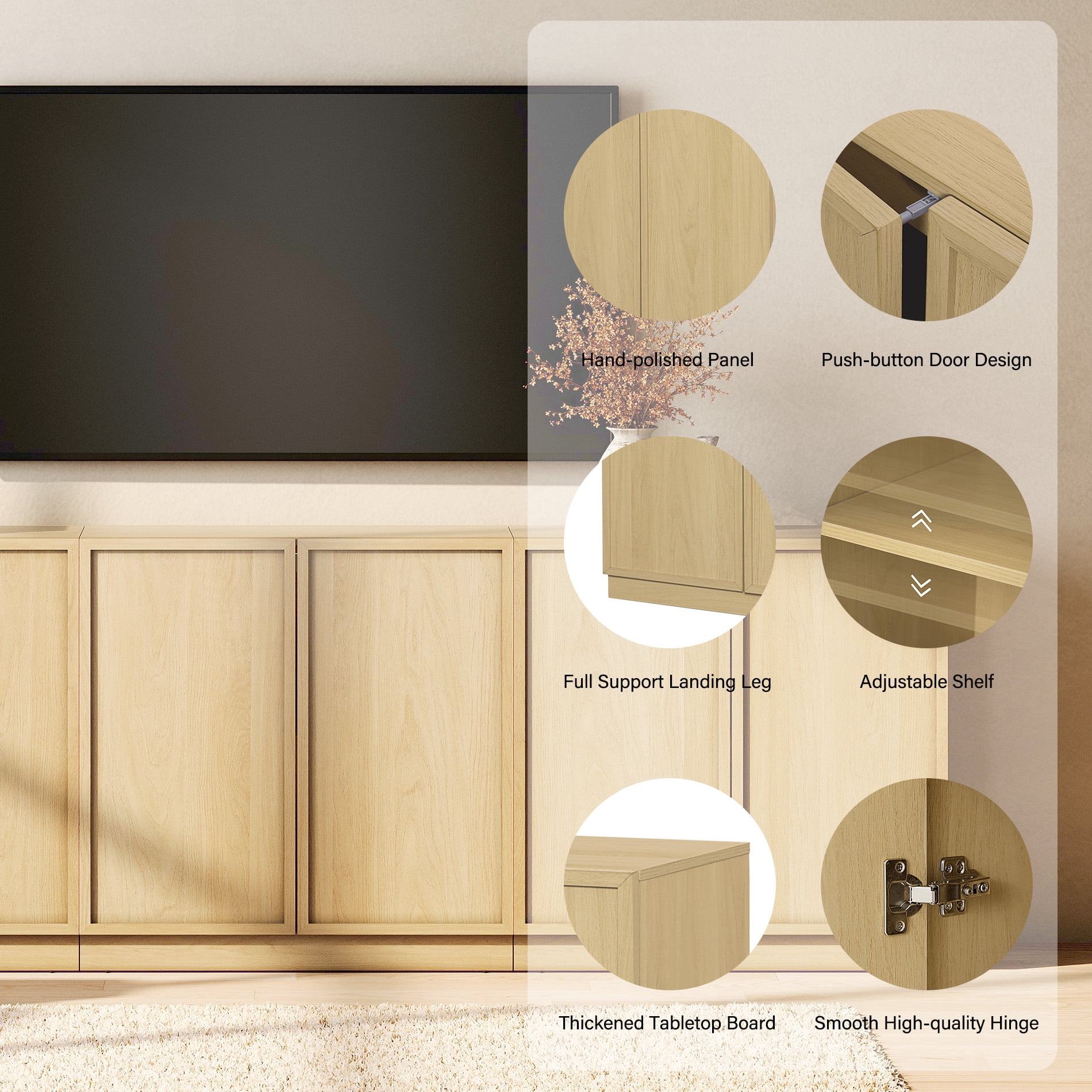 WAMPAT Modern TV Stand for TVs Up to 100", 3-in-1 Entertainment Center TV Console with 6 Doors and Adjustable Shelf, Wooden Media Console Cabinet for Living Room, Bedroom, Oak