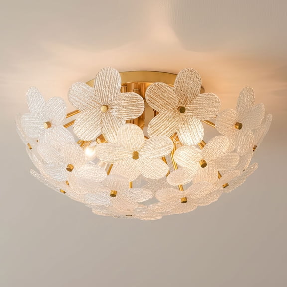 Possini Euro Design Filoli 20" Modern Semi Flush-Mount Ceiling Light Fixture Kitchen Foyer Hallway Flower Unique Gold Finish Glass