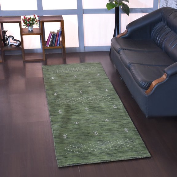 Rugsotic Carpets Hand Knotted Wool Area Rug 2'6''x10' Green Contemporary Runner Indoor Rug for Living Room, Bedroom Antimicrobial L00515