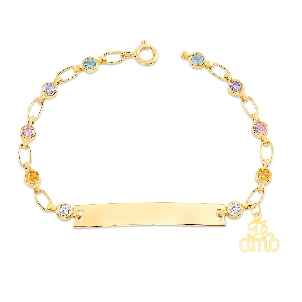 Yellow Gold Finish w/Bear & Girl Charm Sterling Silver Rolo Baby ID Bracelet 