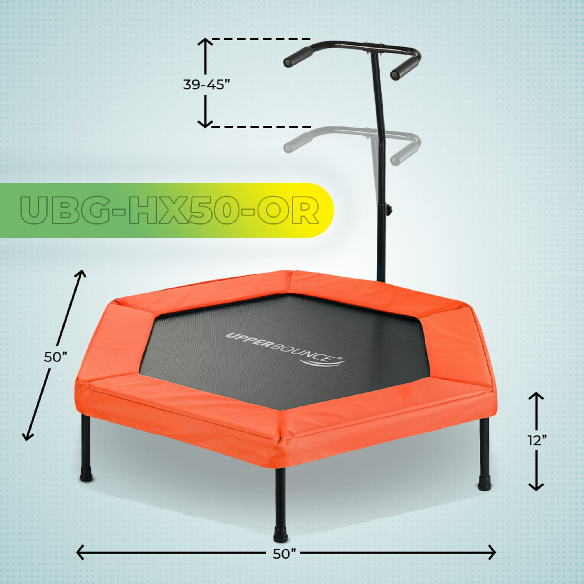 Upper Bounce 50" Mini Trampoline with Adjustable T-Shaped Handrail – Hexagonal Rebounder Fitness Trampoline for Kids & Adults - Orange