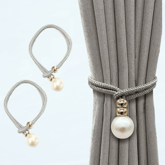 Curtain Tiebacks, 2 Pack Adjustable Curtain Drapery Holdbacks, Curtain Ties for Home Office Decorative, Faux Pearl Beaded Curtain Drapery Holdbacks with Fasten Ring European Style (Gray)