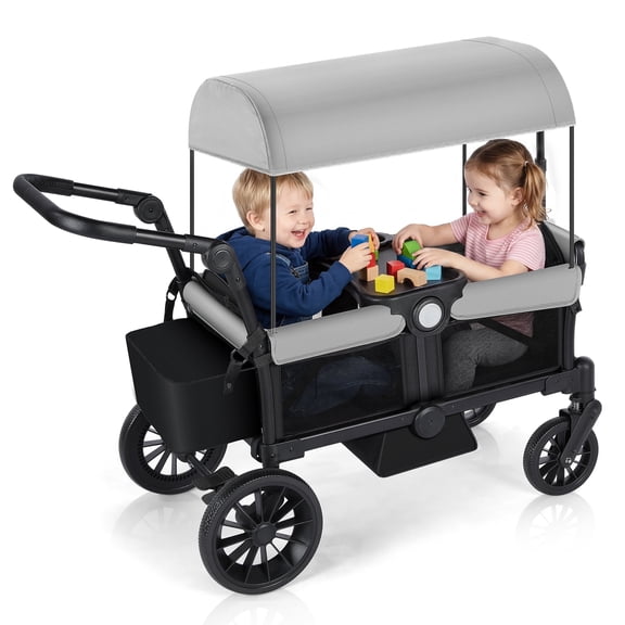 Bobiber Collapsible Wagon Stroller 2 Seater with 3-Point Harnesses, Canopy, Storage Bag, Adjustable Handlebar, 2 Cup Holders, Gray