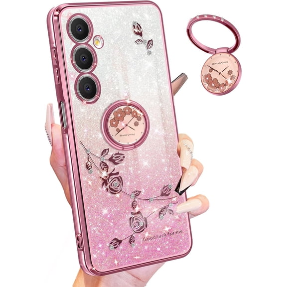 (3in1 for Samsung Galaxy A25 5G Phone Case for Women Girls Glitter Girly Cute Bling Flowers Cases with Ring Stand Design Floral Sparkle Pretty Shiny Unique Cover for Samsung A25 5G 6.5''