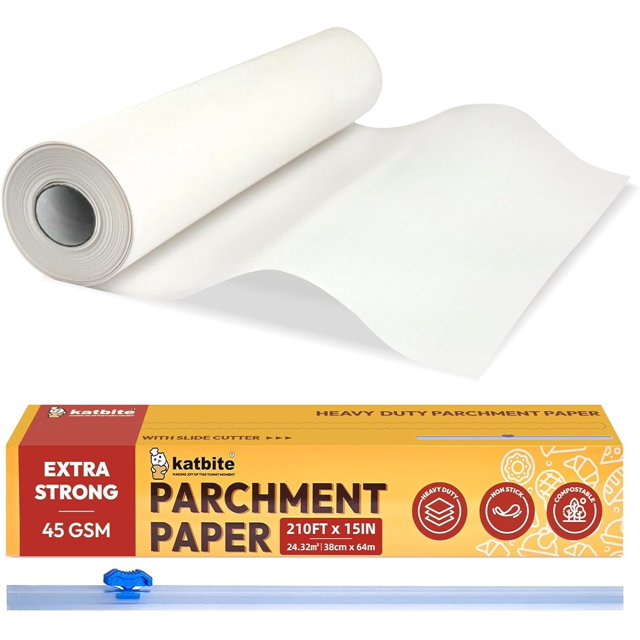 Katbite Heavy Duty Parchment Paper Roll for Baking, 15 in x 210 ft, 260 Sq.Ft Baking Paper with Slide Cutter, Easy to Cut & Non-Stick Cooking Paper for Bread, Cookies, Air Fryer, Steaming, Grilling