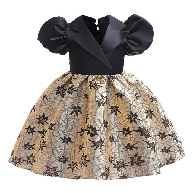 Robes Adolescentes Fête Jacquard Col à Revers Manches Bouffantes Mode Décontractée Robe de Demoiselle d'Honneur Noire 2-3 Ans