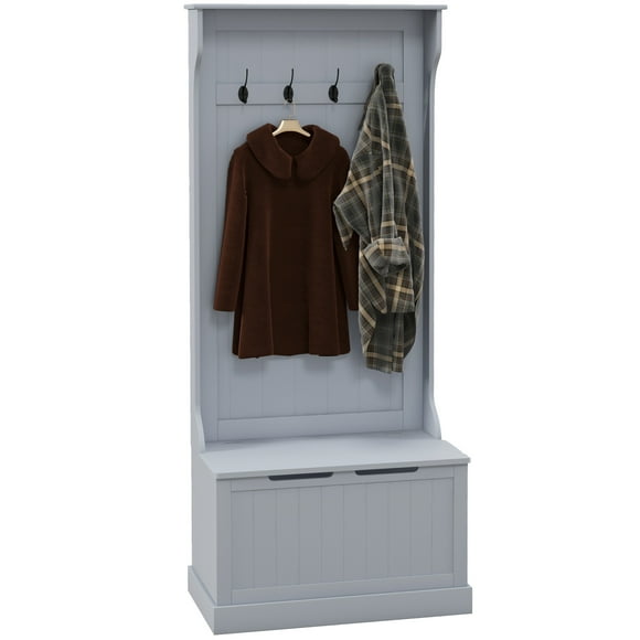 HOMCOM Hall Tree with Coat Rack, Storage and Sitting Bench, Grey