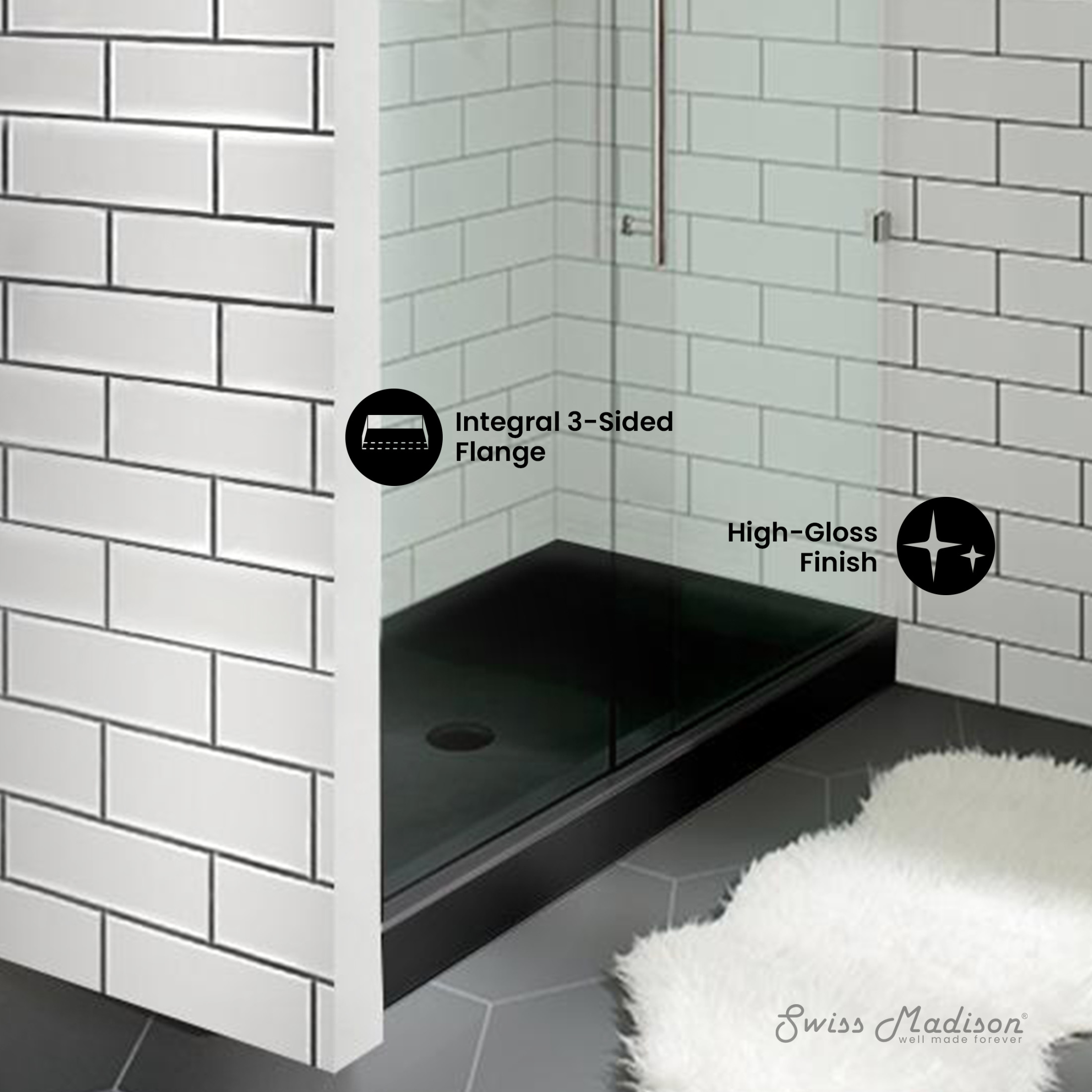 Voltaire 48" x 32" Acrylic Black, Single-Threshold, Center Drain, Shower Base