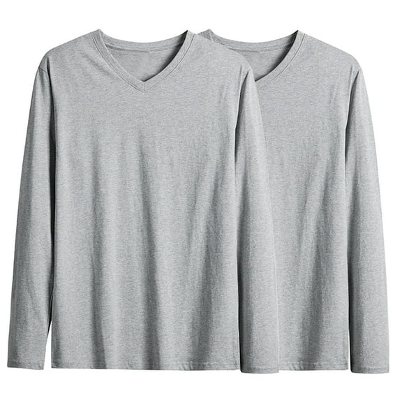 Mens Long Sleeve Basic Tops 2 Pack Big & Tall V Neck Cotton Undershirts Casual Loose Layering Tops Pullover Gray, M