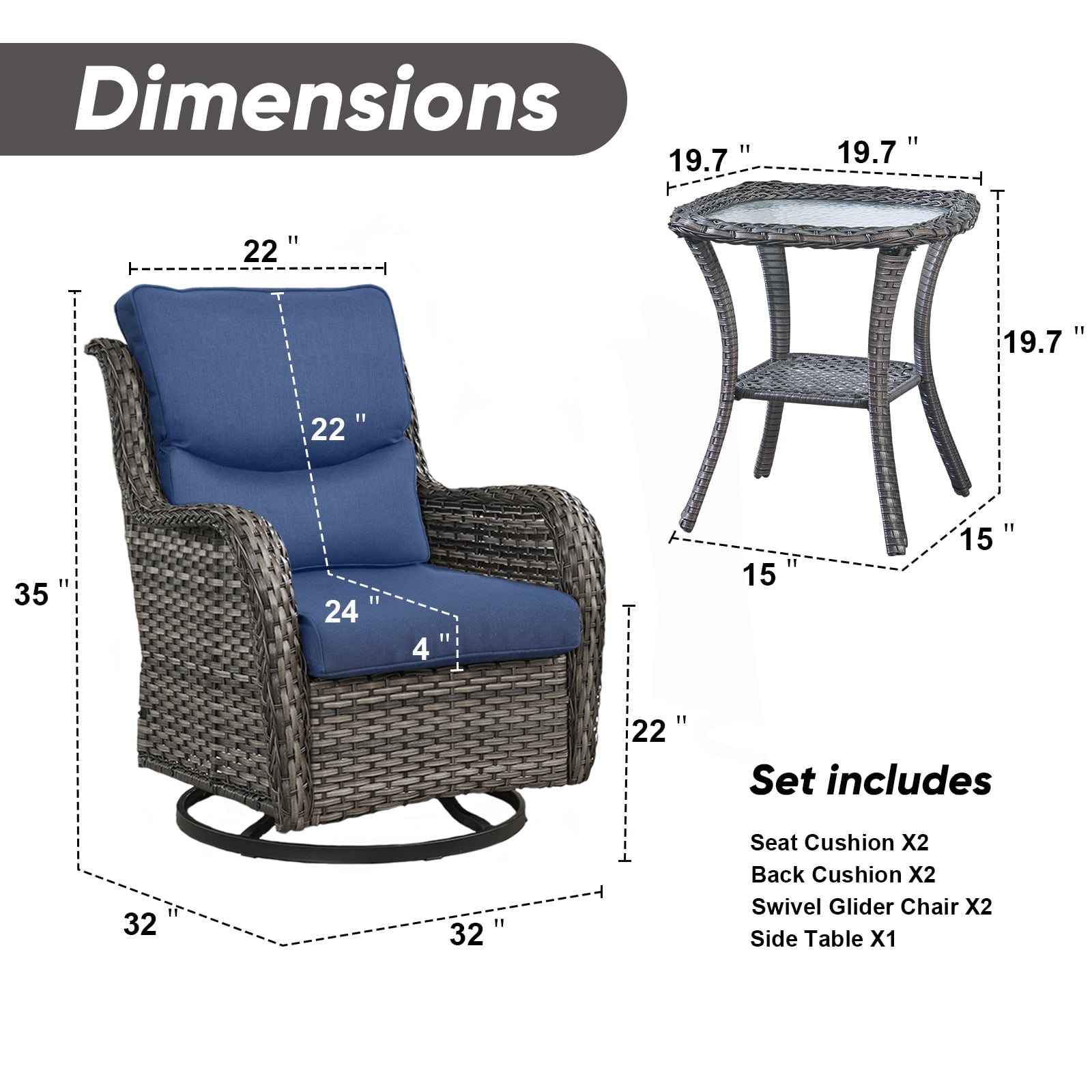 Gymojoy 3 Pieces Patio Furniture Coversation Set, Outdoor Swivel Gliders Rocker, Wicker Patio Bistro Set with Rattan Rocking Chair for Backyard(Navy Blue)
