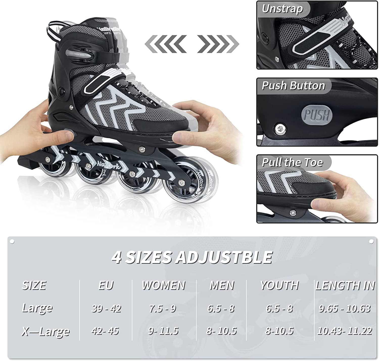 SubSun Inline Skates for Adults Men Women Adjustable Aggressive Durable Roller Blades with Giant Wheels Black S