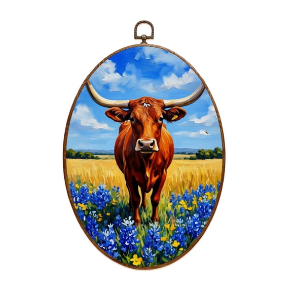 Western Canvas Wall Art Brown Cow Field Wildflowers Blue Sky Clouds Oval Framed Canvas Prints Vintage Wall Hanging Decor for Home Decorations 8.6"x11.4"