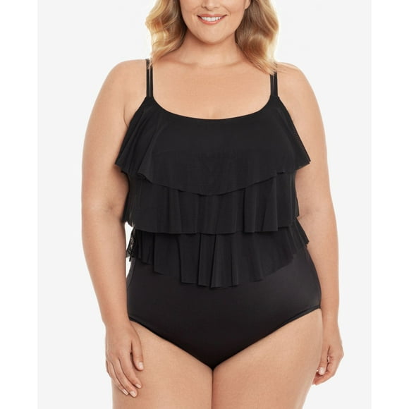 Swim Solutions Plus Size Triple Tiered Tummy-Control One-Piece Swimsuit, Black, 18W