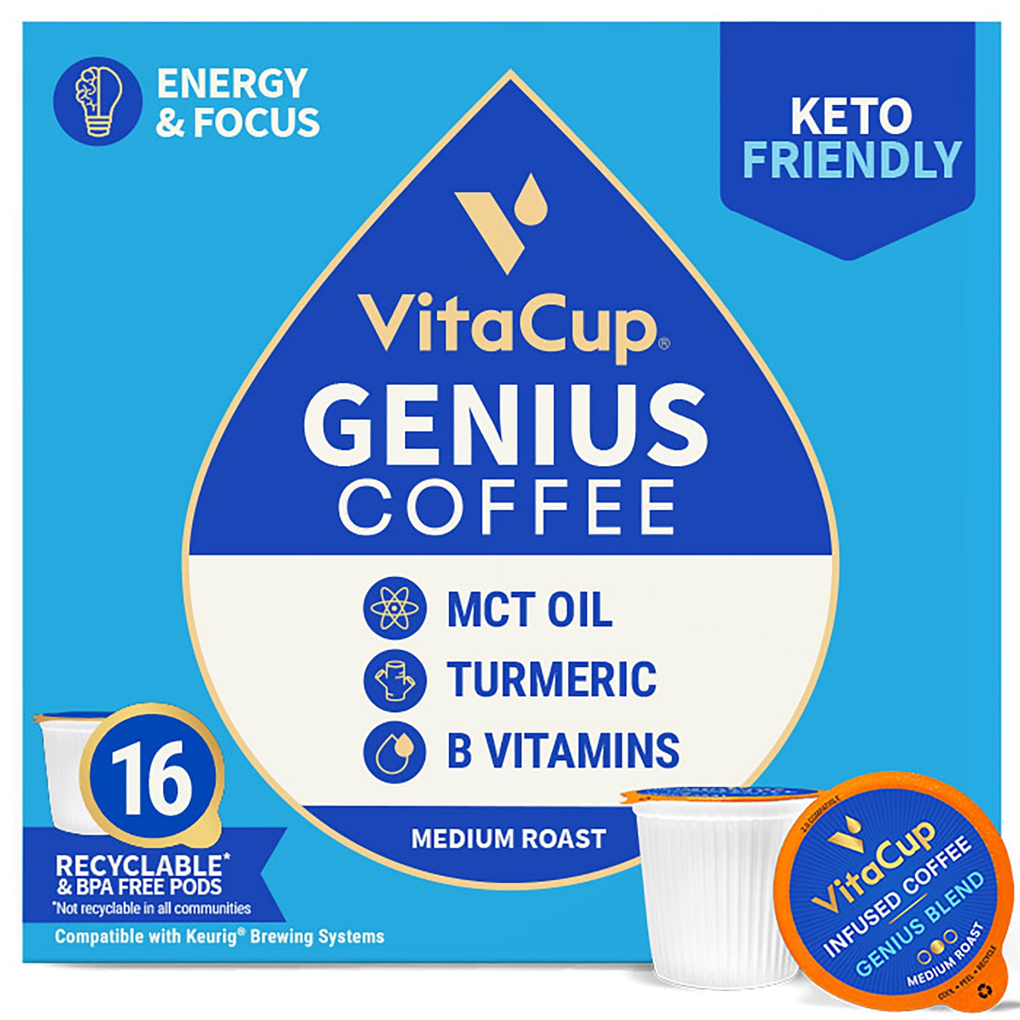 VitaCup Genius Coffee Pods 16 CT Keto Energy & Focus with MCT, Turmeric