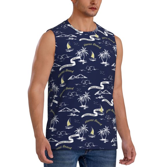 Fotbe Men's Hawaiian Style Print Men's Sleeveless Muscle Tank Tops Casual T-Shirts for Gym Workout Beach-Large
