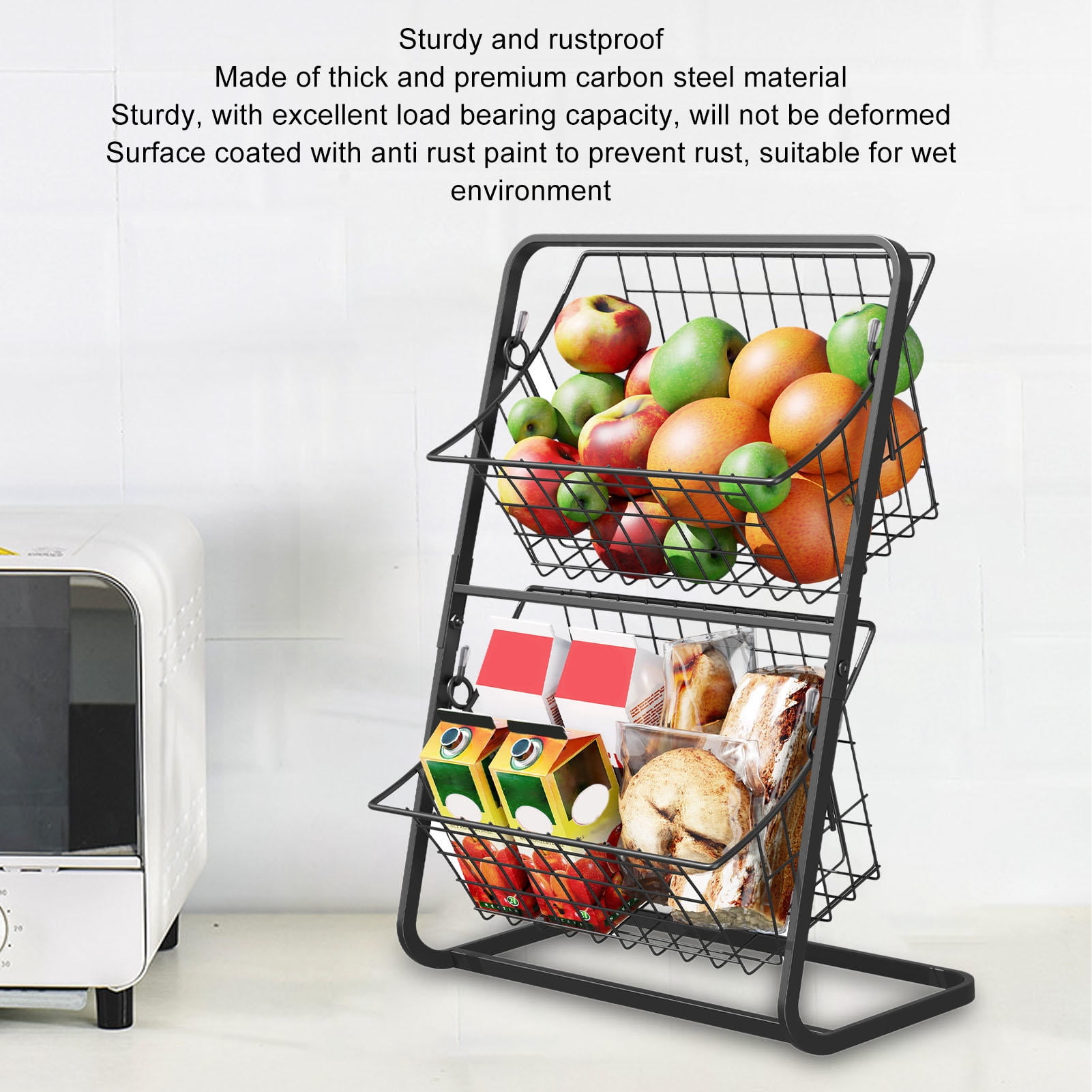 YAHHU Kitchen Fruit Storage Basket Multipurpose Carbon Steel Mesh Hollow Design 2 Tier Fruit Basket Bowl for Kitchen Counter Space Saving Black