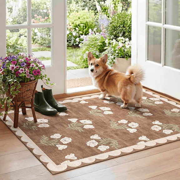 Porch Rug, Non-Slip Floral Front Porch Rug, Beige Brown Rug Front Door Outdoor Layering, Chenille Outdoor Welcome Mat, Small Outdoor Rug for Patio Entryway