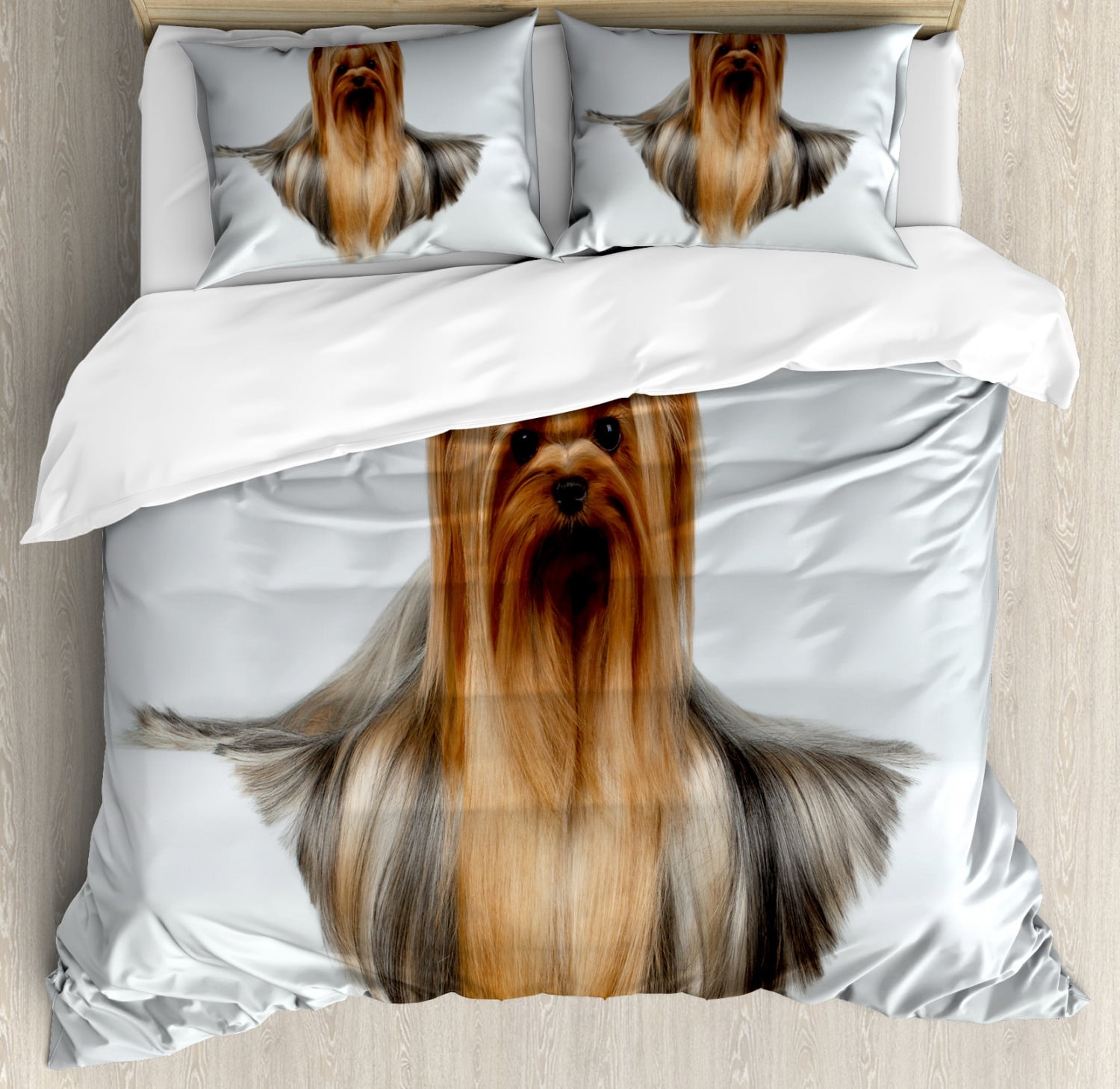 Yorkie King Size Duvet Cover Set, Cute Photo of Yorkshire Terrier with Groomed Hair Lying Beside